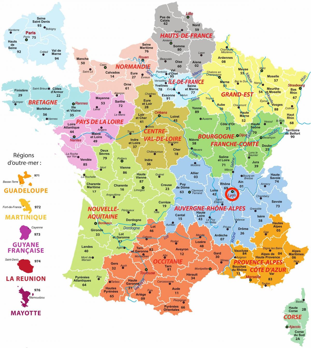 Lyon en el mapa de Auvernia-Ródano-Alpes - Francia