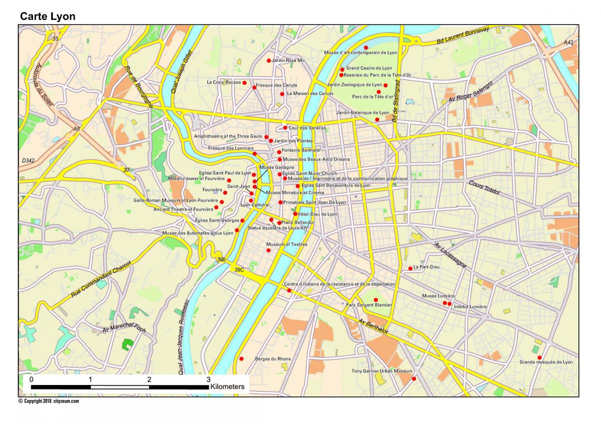 Mapa de los lugares de interés de Lyon